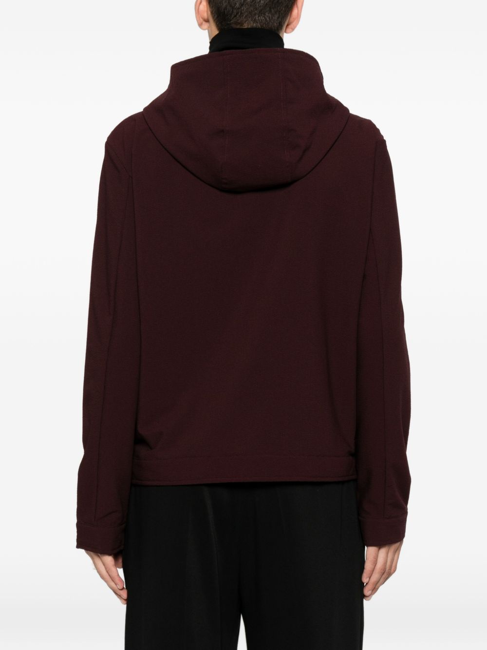 Emporio Armani nylon blouson bordeaux, detail capuchon en mouw