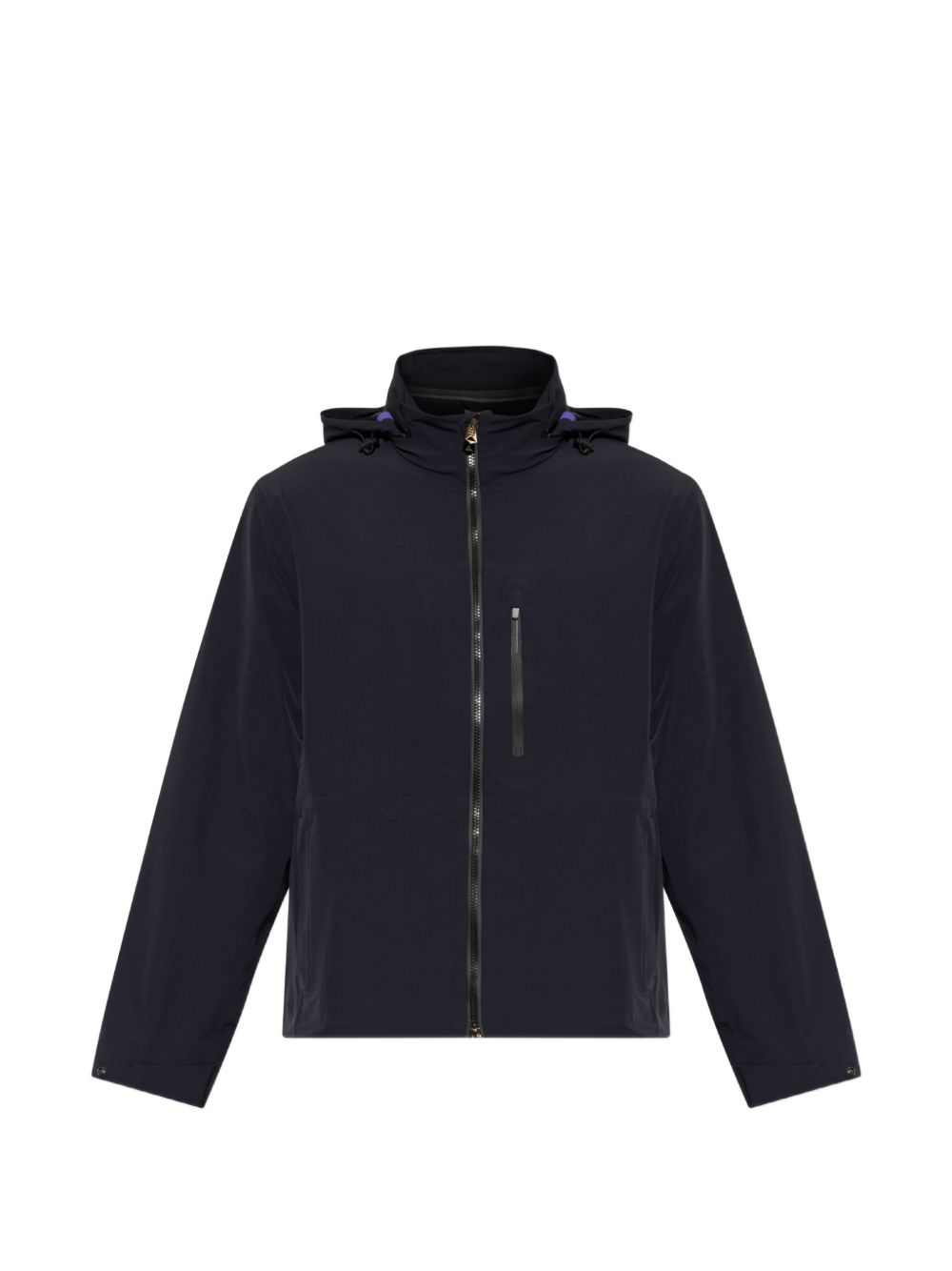 Paul Smith nylon blouson donkerblauw - vooraanzicht met capuchon en ritszak