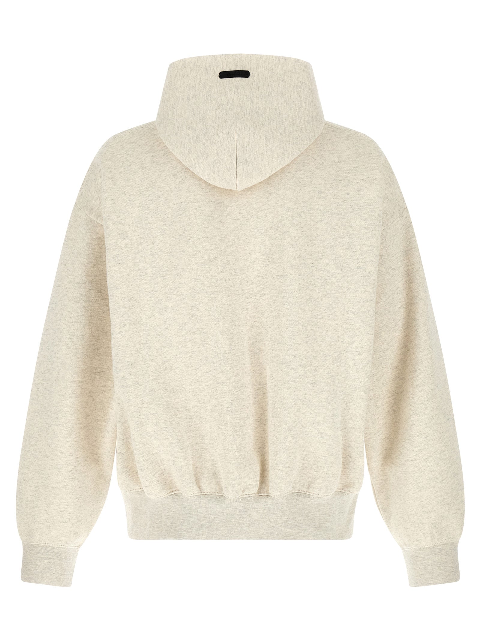 Achterzijde van de gemêleerde beige hoodie met capuchon