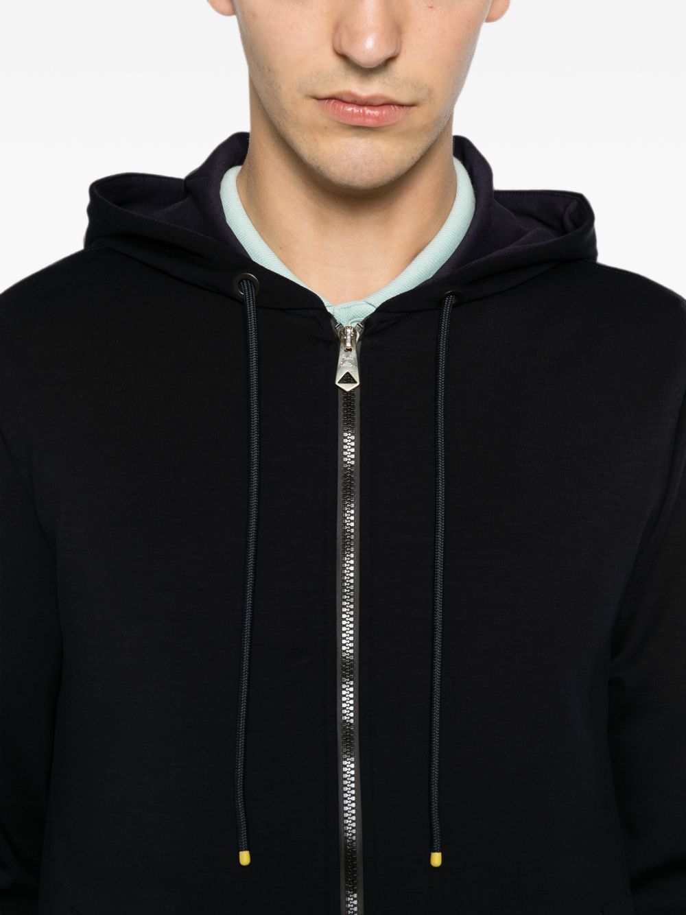 Paul Smith hoodie marineblauw, close-up van ritshardware