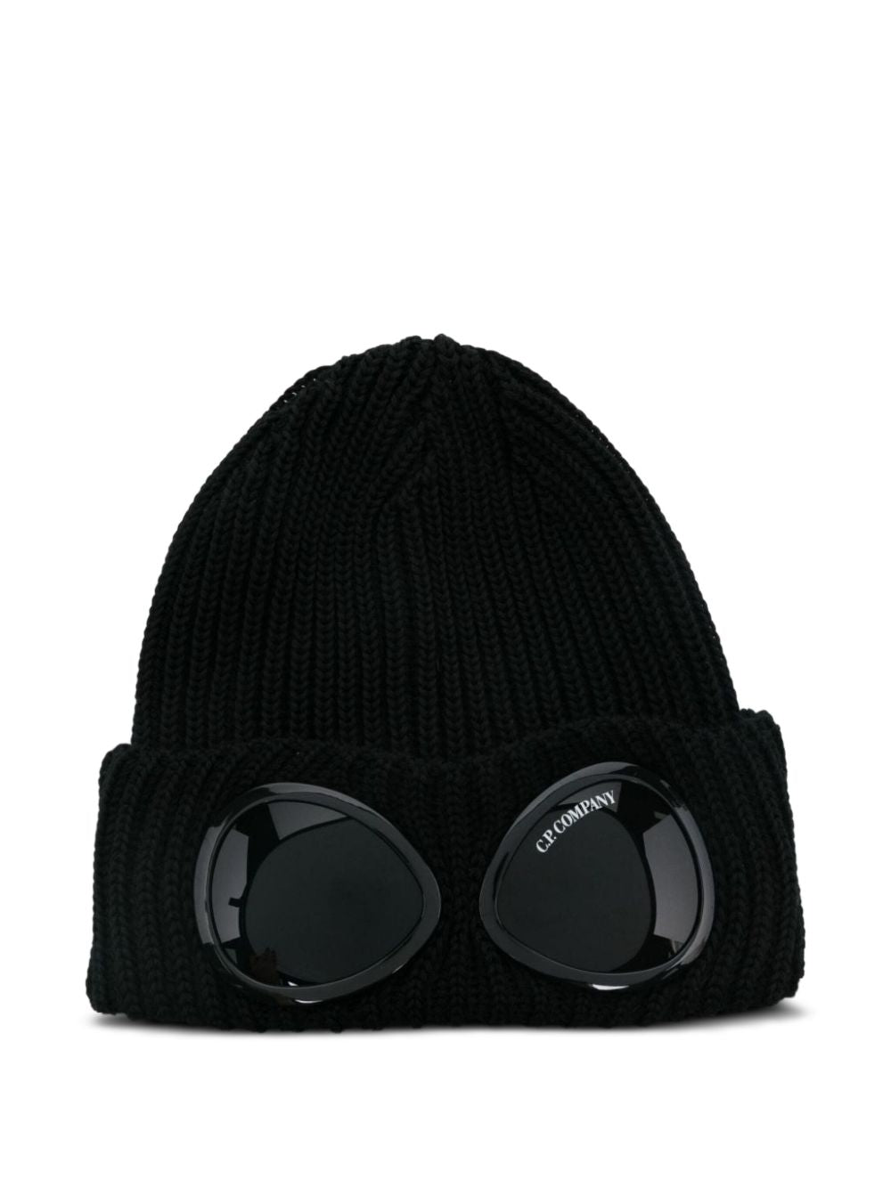 C.P. Company Goggle muts in zwarte wol, vooraanzicht met Goggles-bril