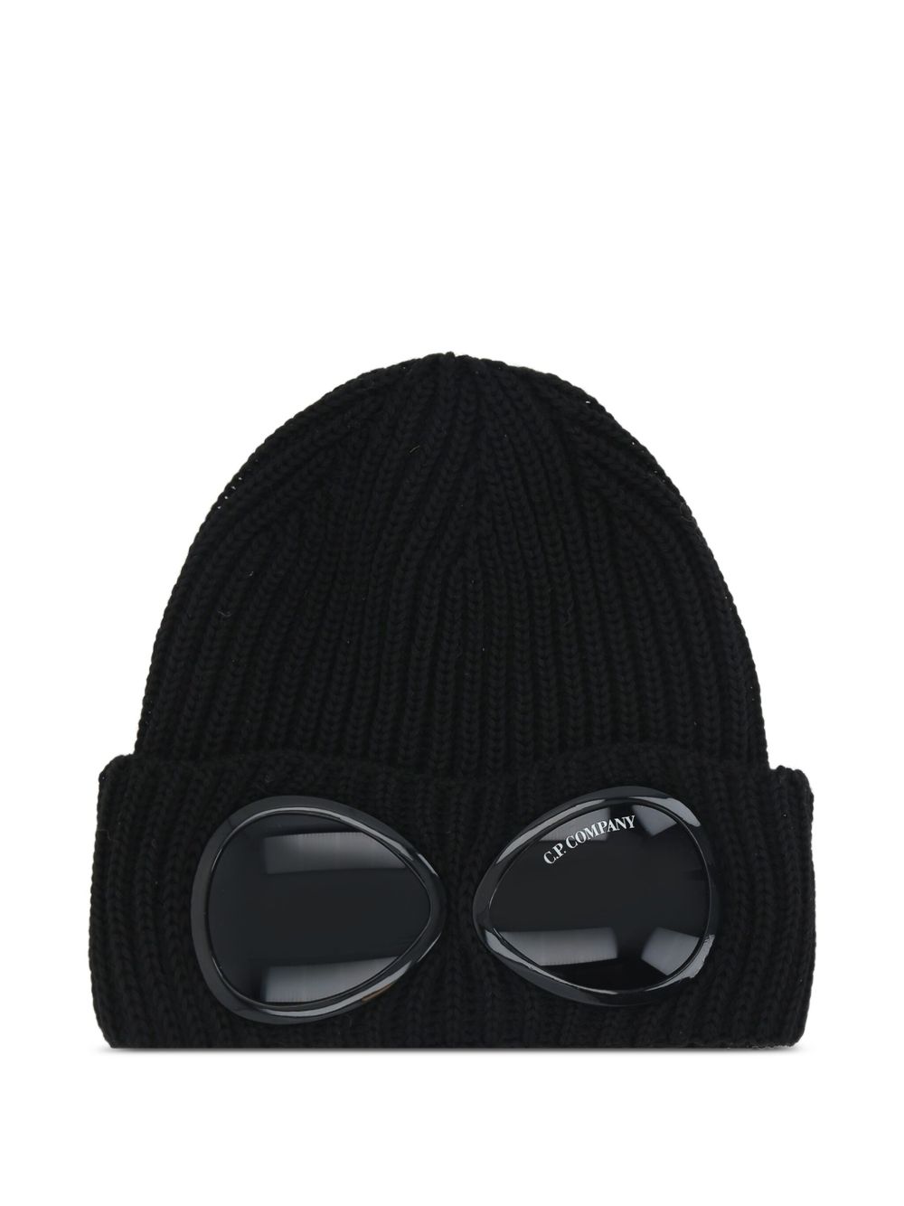 C.P. Company Goggle muts in zwarte wol, gedragen close-up