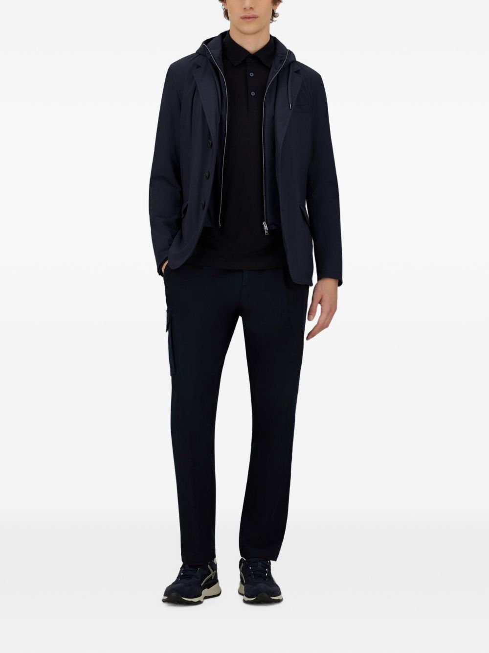 Herno Resort Blazer marineblauw, close-up afneembare bib met capuchon