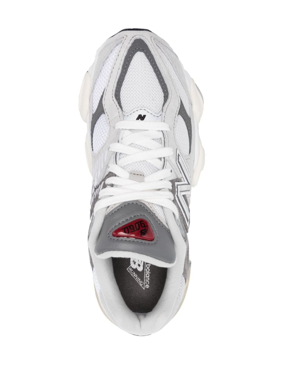 New Balance 9060 sneaker in Rain Cloud/Castlerock grijs, bovenaanzicht meshpanelen