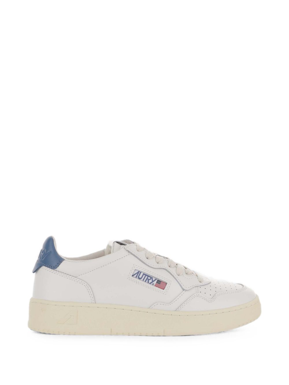 Autry Medalist Low in wit leer met blauw hielstuk, zijaanzicht