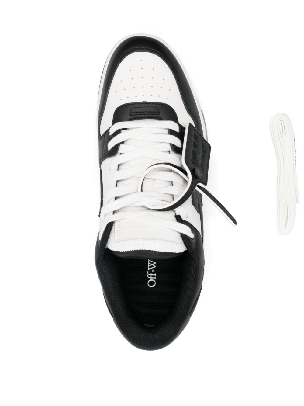 Off-White Out Of Office sneaker in zwart-wit leer, hielaanzicht