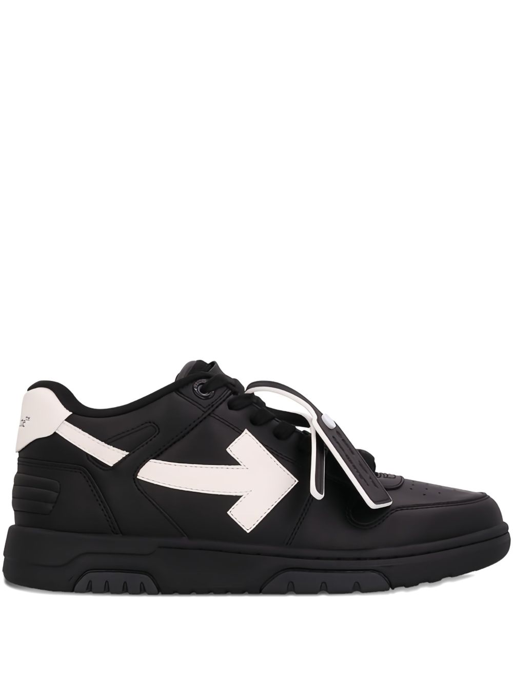 Off-White Out Of Office sneaker in zwart kalfsleer, zijaanzicht met Arrow Marker dial