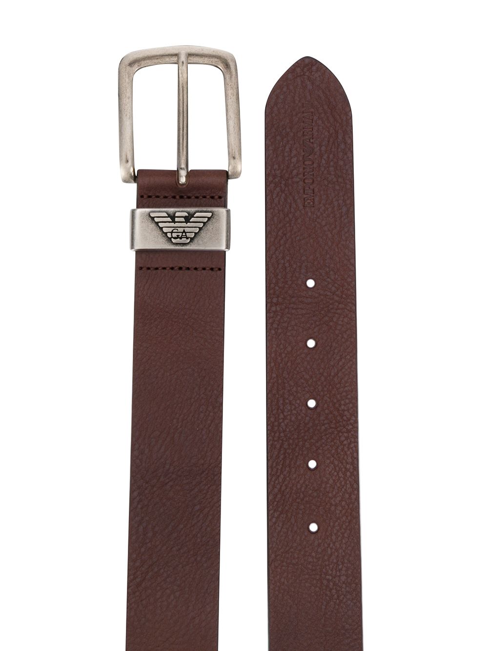 Emporio Armani leren riem bruin, detail antiek zilverkleurige gesp