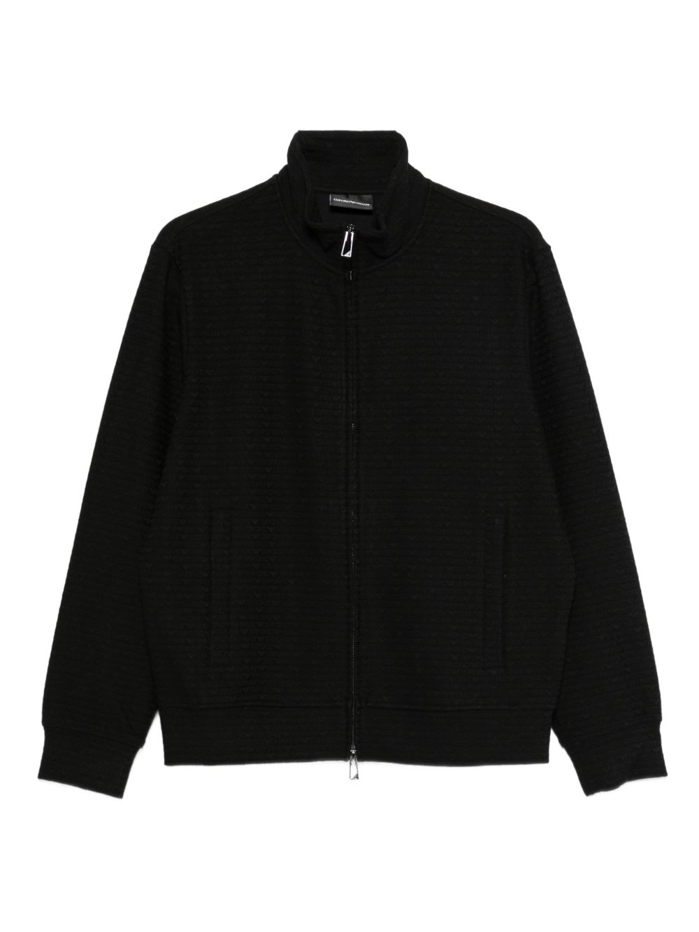Emporio Armani Essential sweatshirt met rits zwart, vooraanzicht met allover logopatroon
