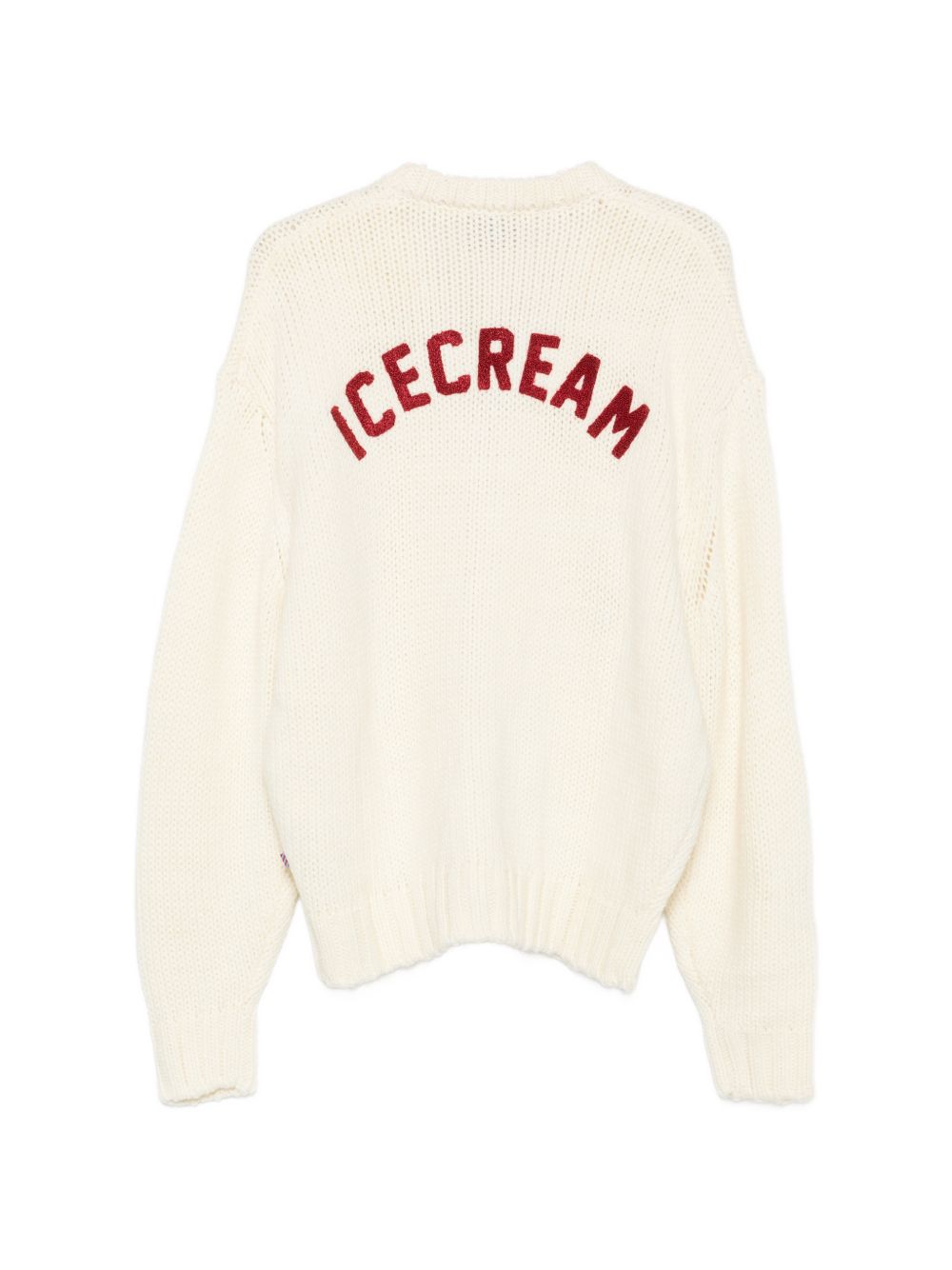 Icecream College Knitted Cardigan in ecru, achteraanzicht met logo op de rug
