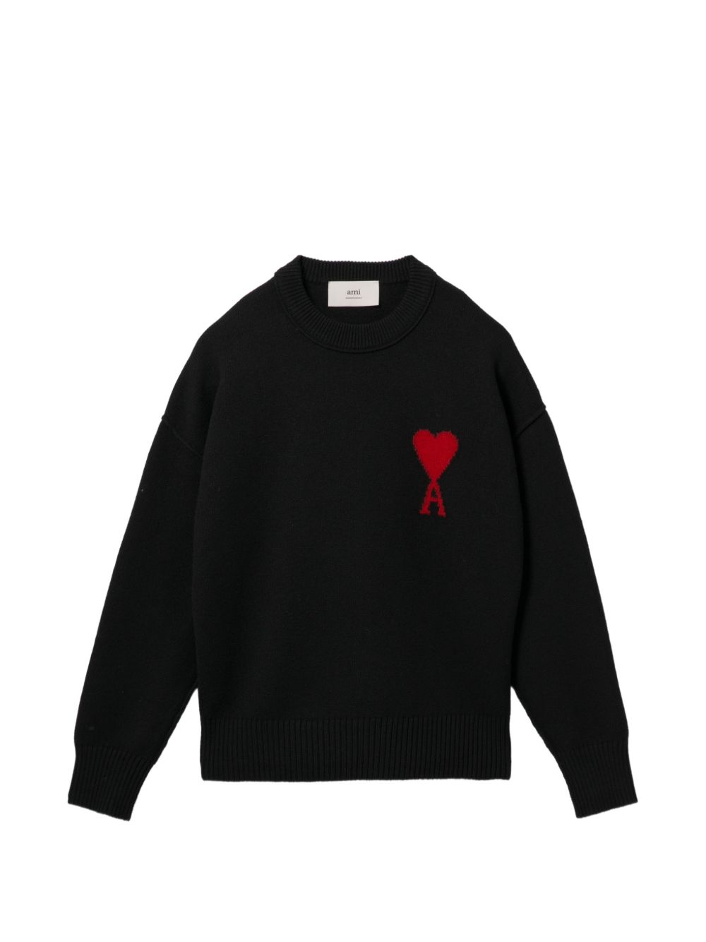 AMI Paris Ami de Coeur crewneck trui in zwarte wol, plat gefotografeerd met het rode hart-logo op de linkerborst