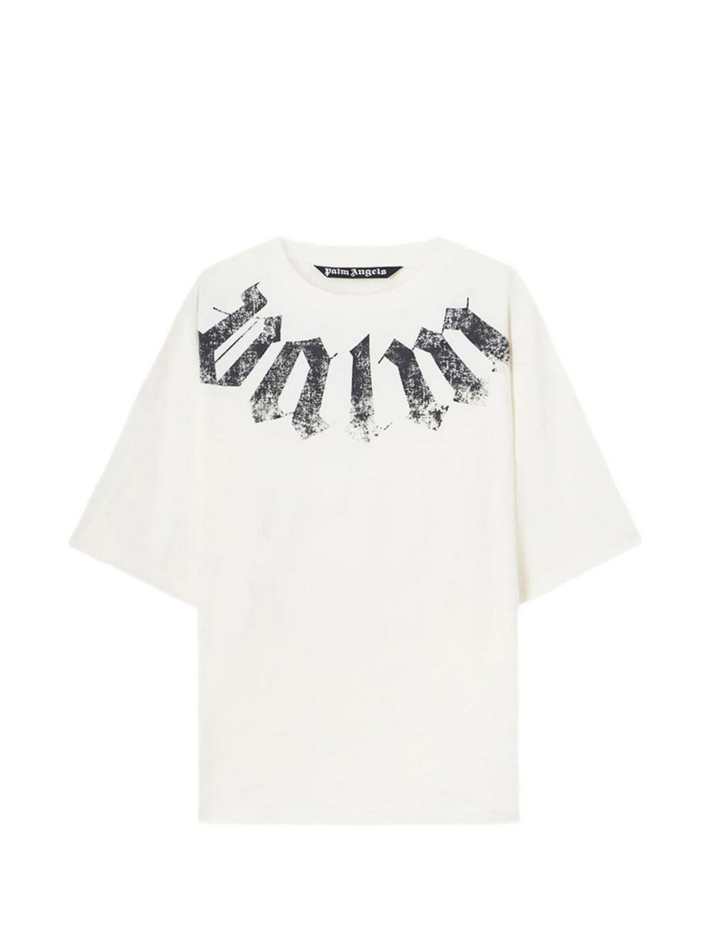 Gebroken wit Palm Angels T-shirt met zwarte gothic print rond de hals, vooraanzicht