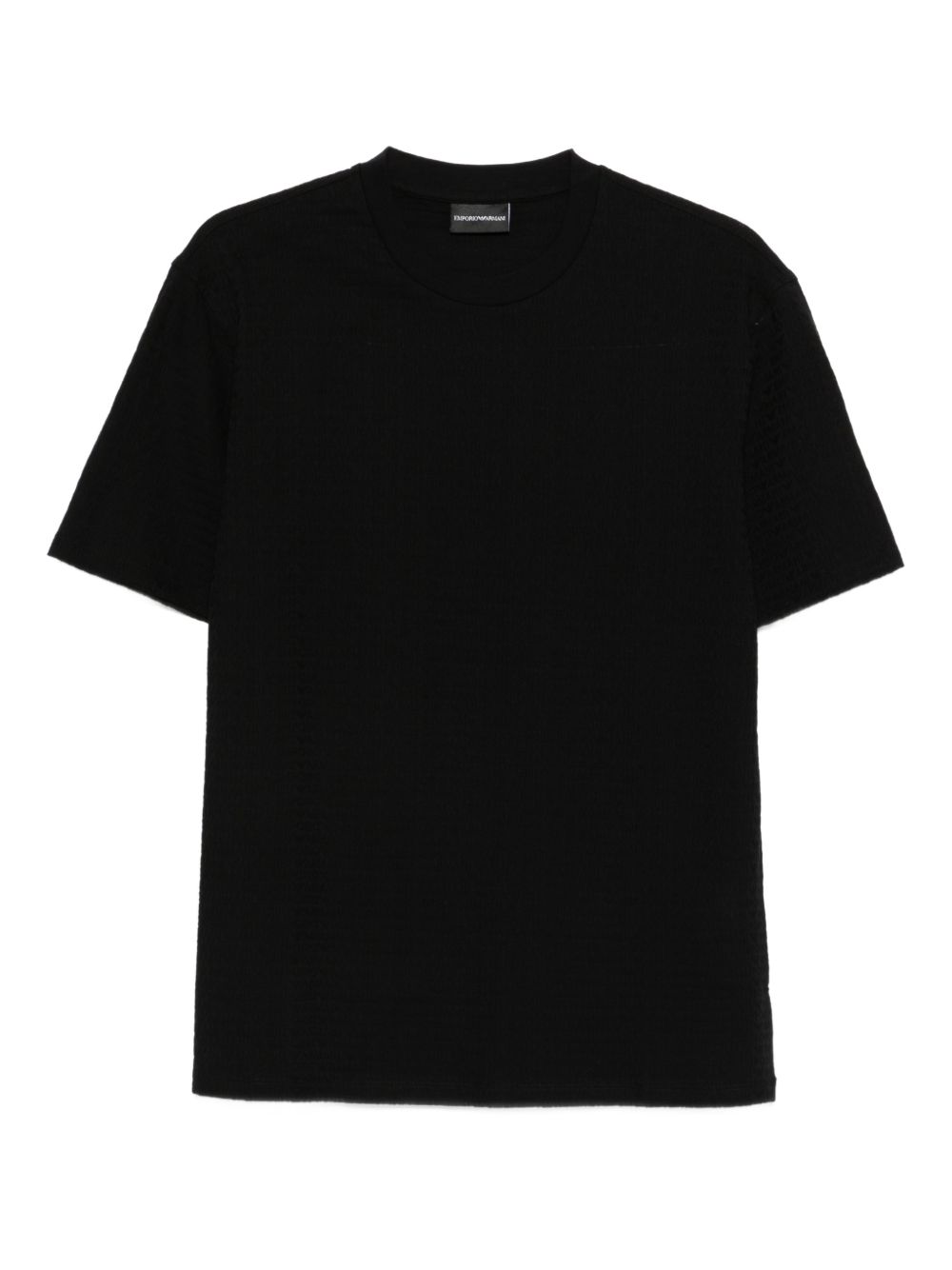 Emporio Armani Jacquard Logo T-shirt in zwart, vooraanzicht met all-over belettering