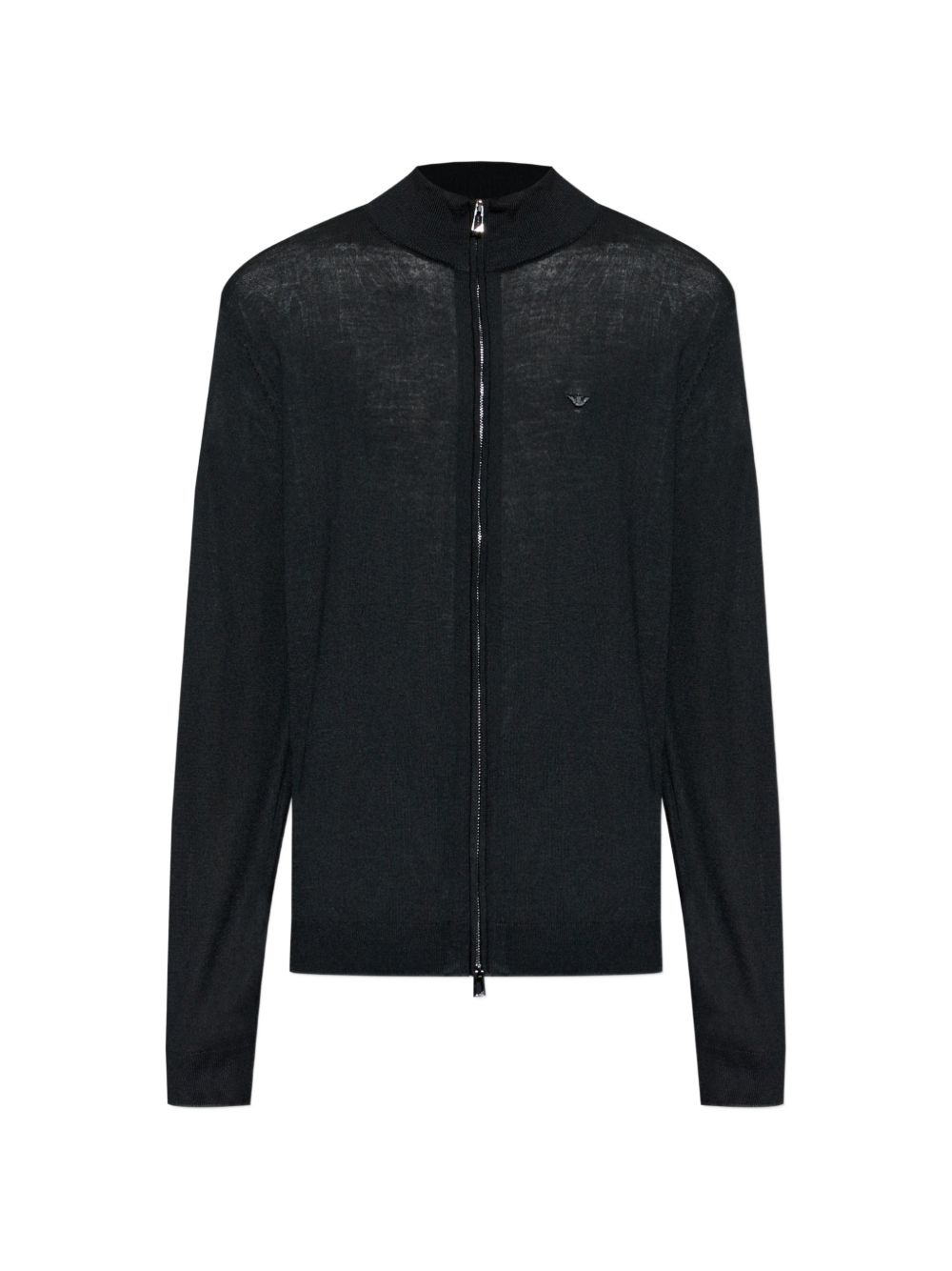 Emporio Armani zwart wollen vest met doorlopende rits en opstaande kraag, vooraanzicht