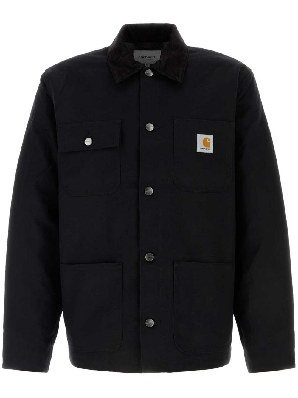 Carhartt WIP Michigan Coat zwart - vooraanzicht met corduroy kraag en knopensluiting