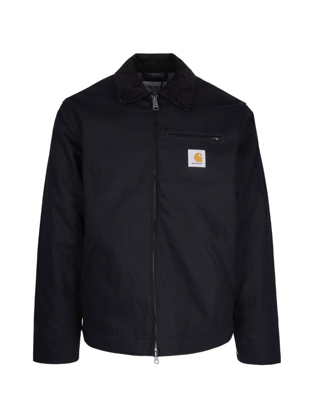 Carhartt WIP Detroit Jacket in zwart, vooraanzicht met corduroy kraag en gesloten voorrits