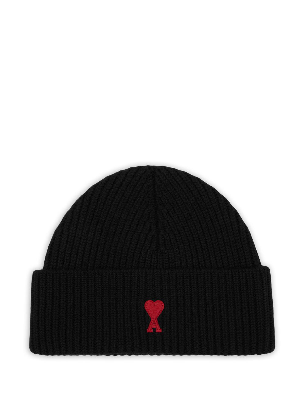 Ami Paris zwarte wollen muts met rood Ami de Coeur hartlogo, vooraanzicht