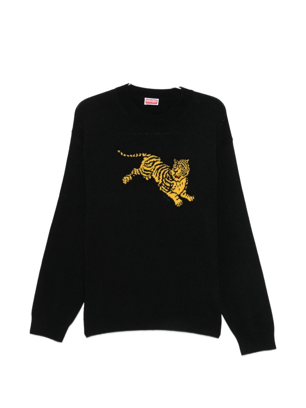 Zwarte Kenzo trui met okergele intarsia tijger op de borst