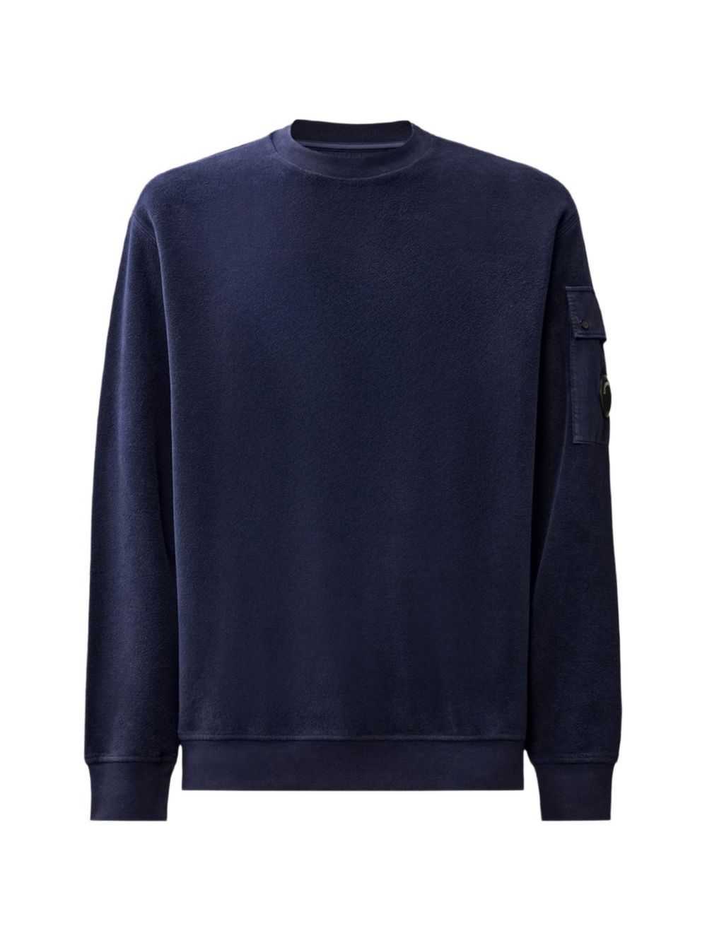 C.P. Company sweater in navy met Lens-detail op de mouw, vooraanzicht