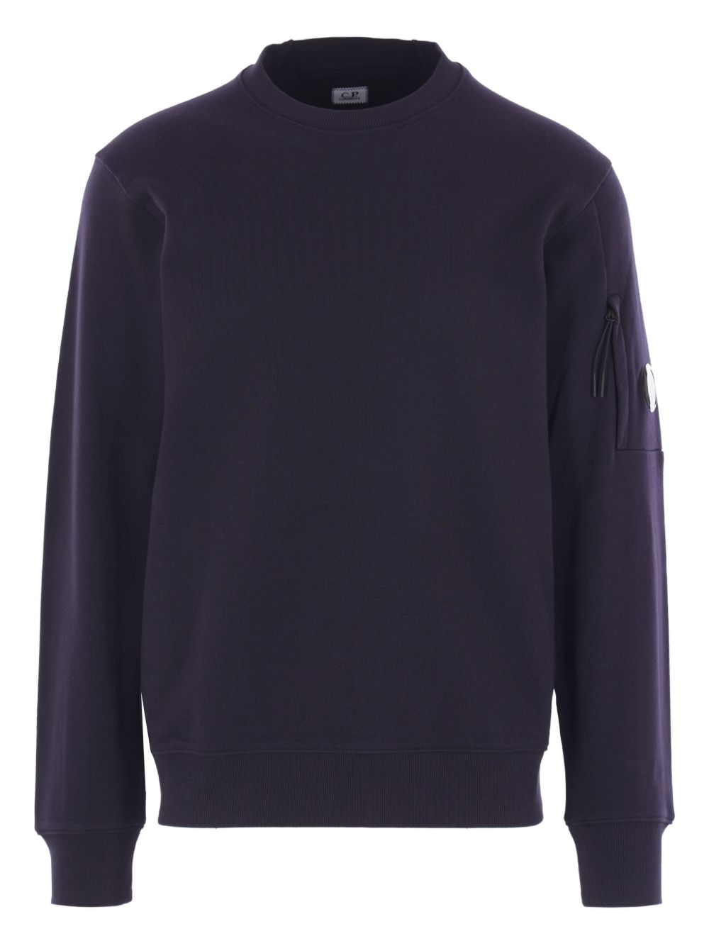 C.P. Company Diagonal Raised Fleece Sweatshirt blauw, vooraanzicht met crewneck en Lens-mouwzak