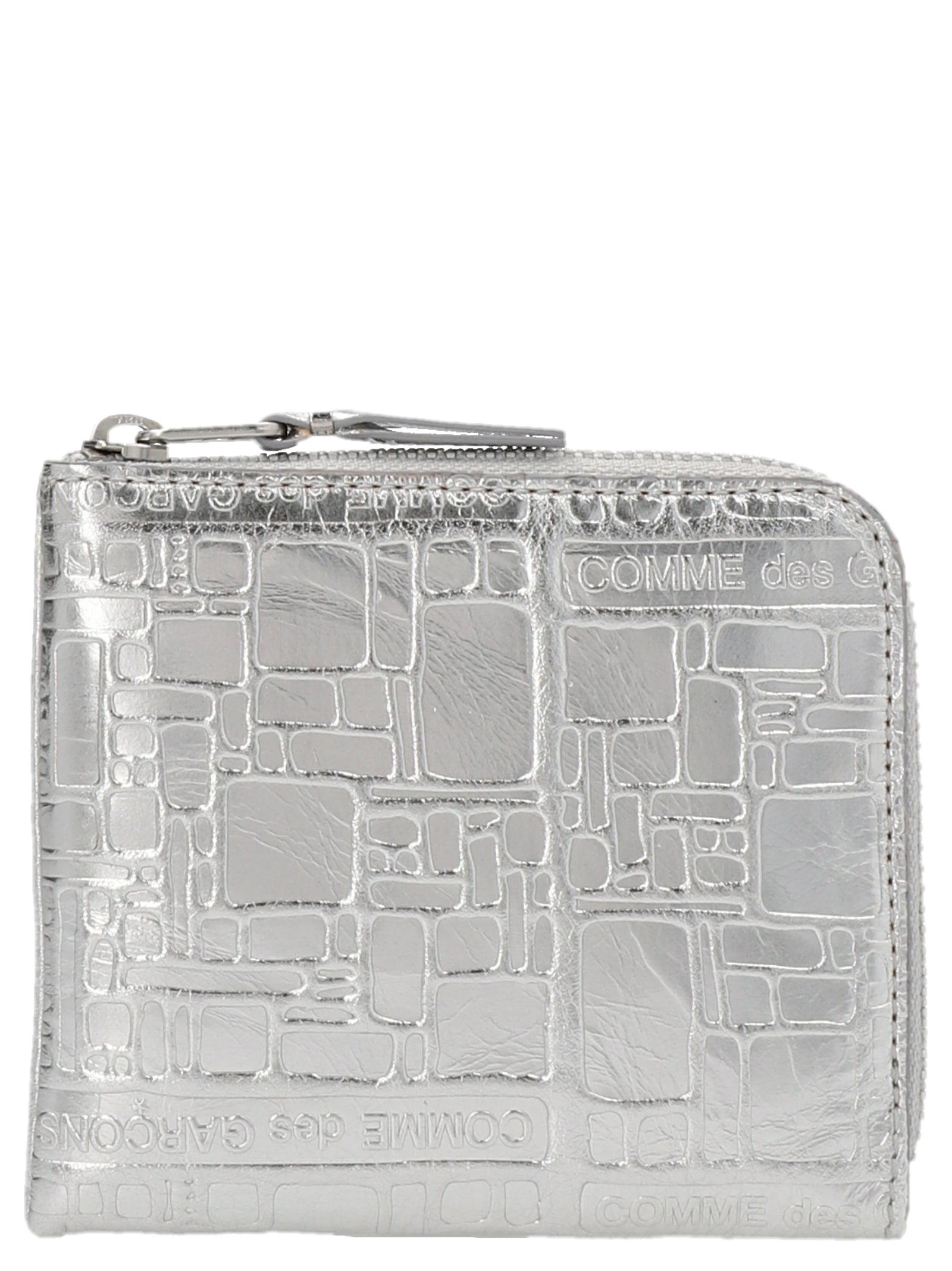 Comme des Garçons Embossed Logotype Leather Zip Wallet Silver