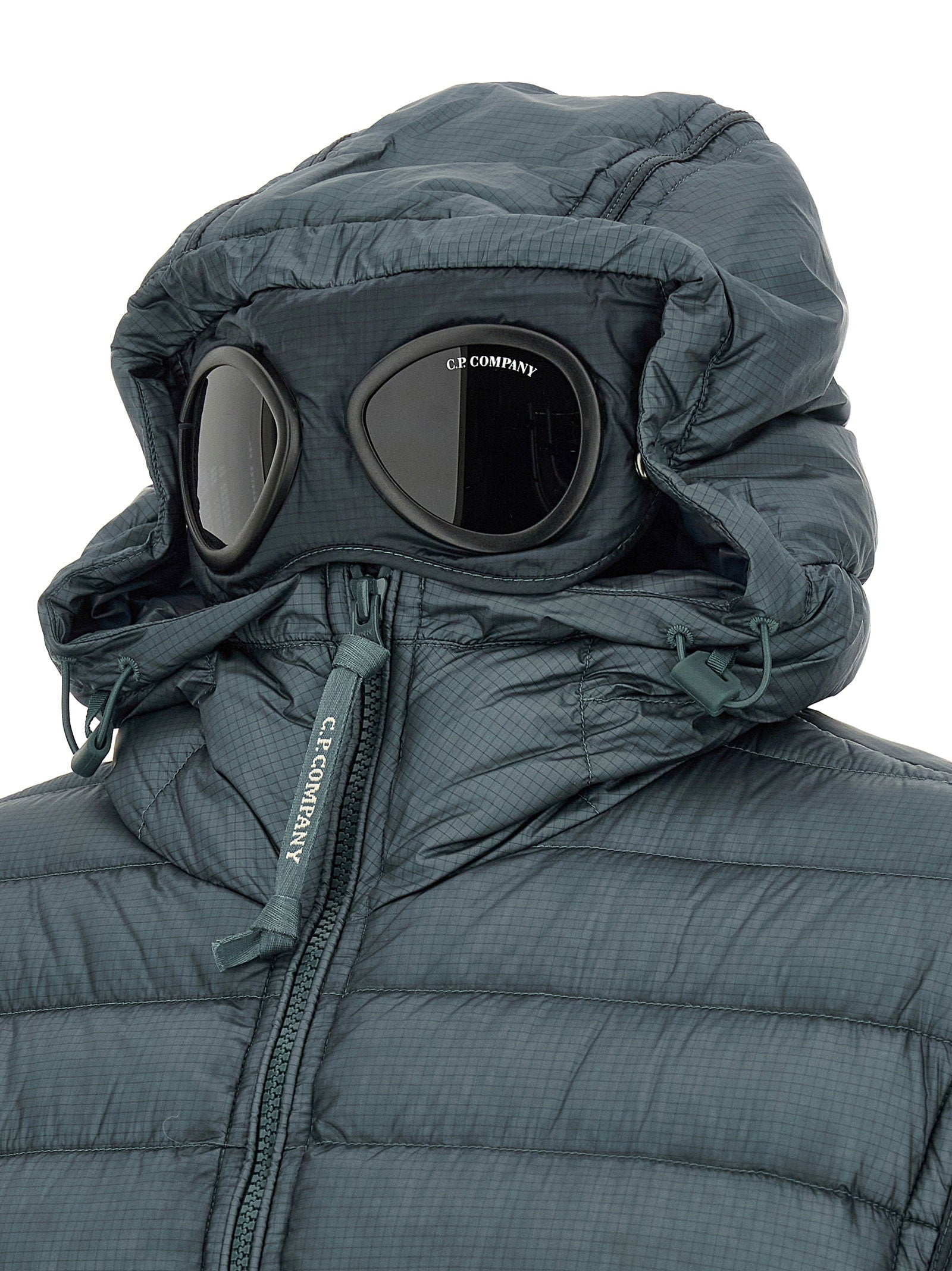 C.P. Company Goggle donsjack petrolblauw detail capuchon