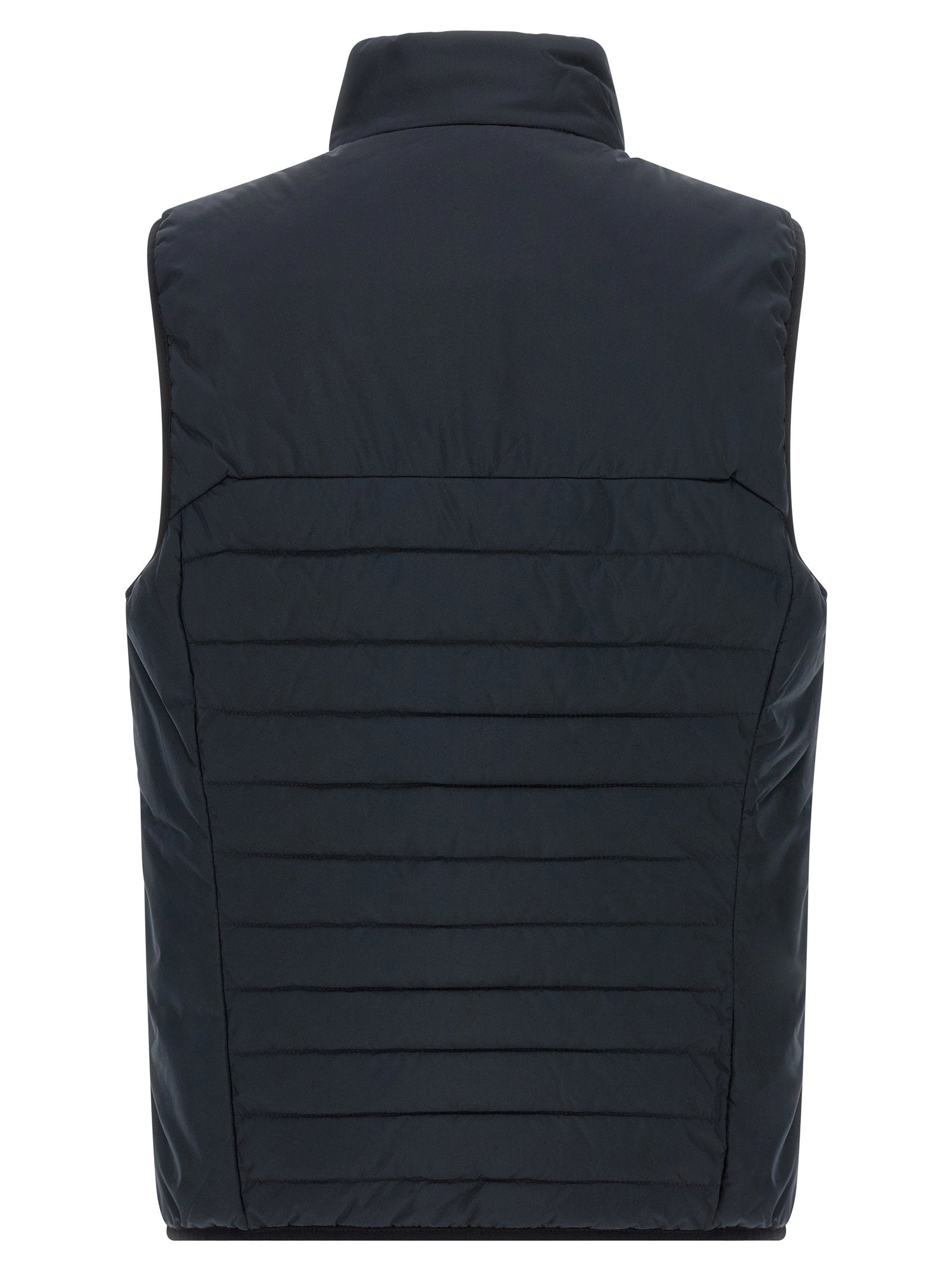 Hugo Boss gewatteerde bodywarmer in marineblauw, close-up van de horizontale quiltstructuur
