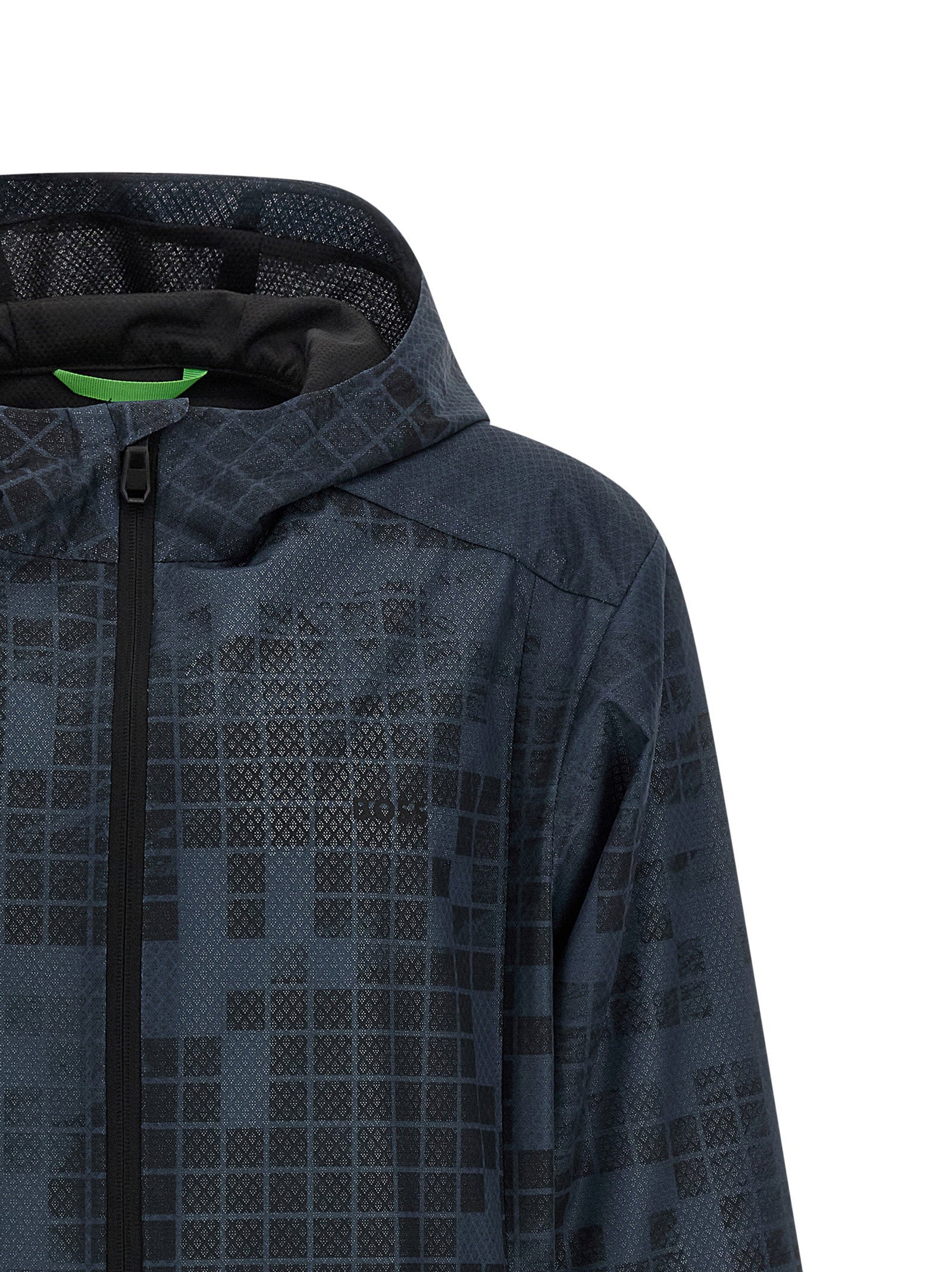 HUGO BOSS Jump JT parka donkerblauw, detail van de ritssluiting en hoge kraag