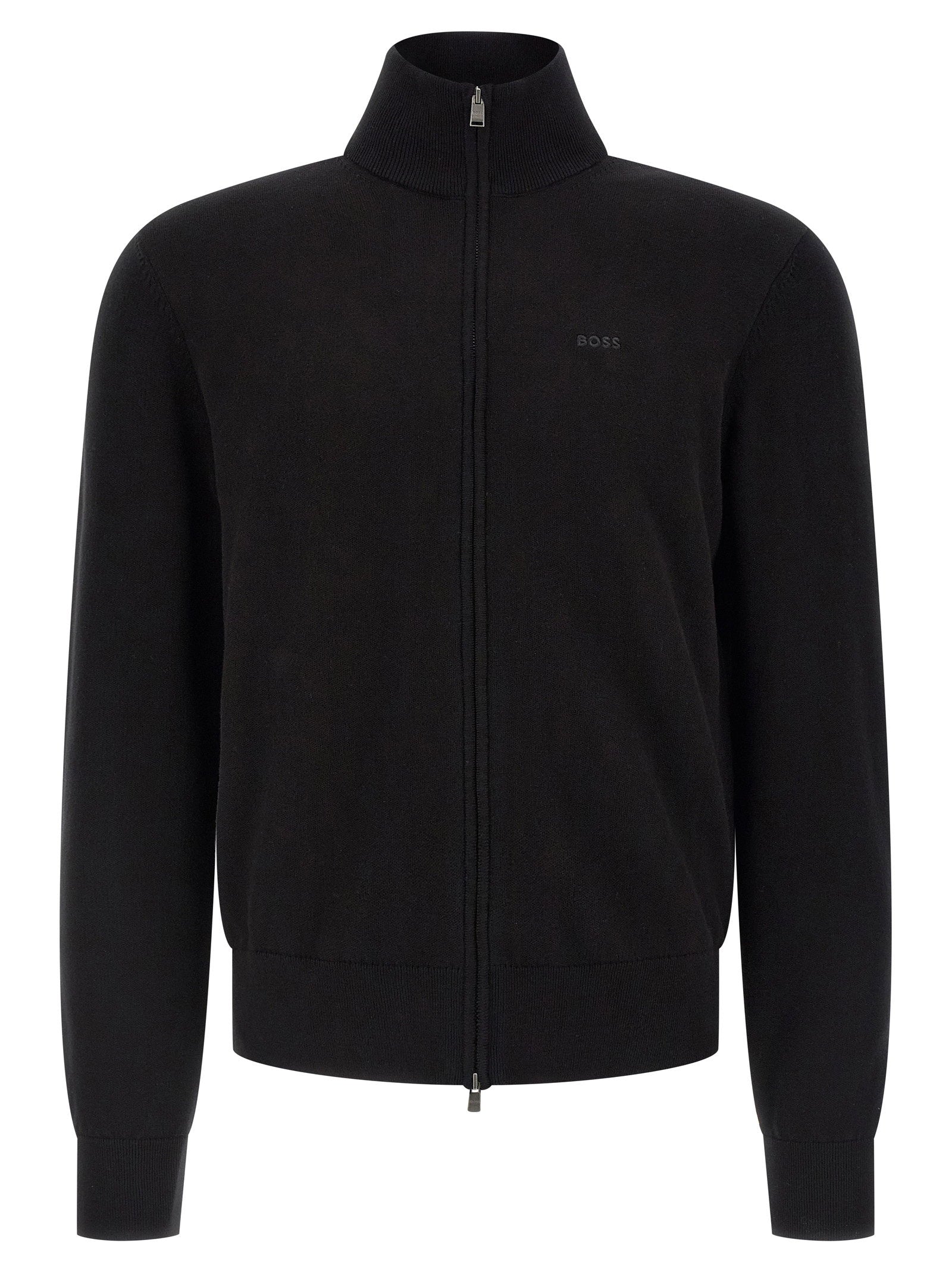 Hugo Boss Upalano cardigan zwart, vooraanzicht met doorlopende rits en staande kraag