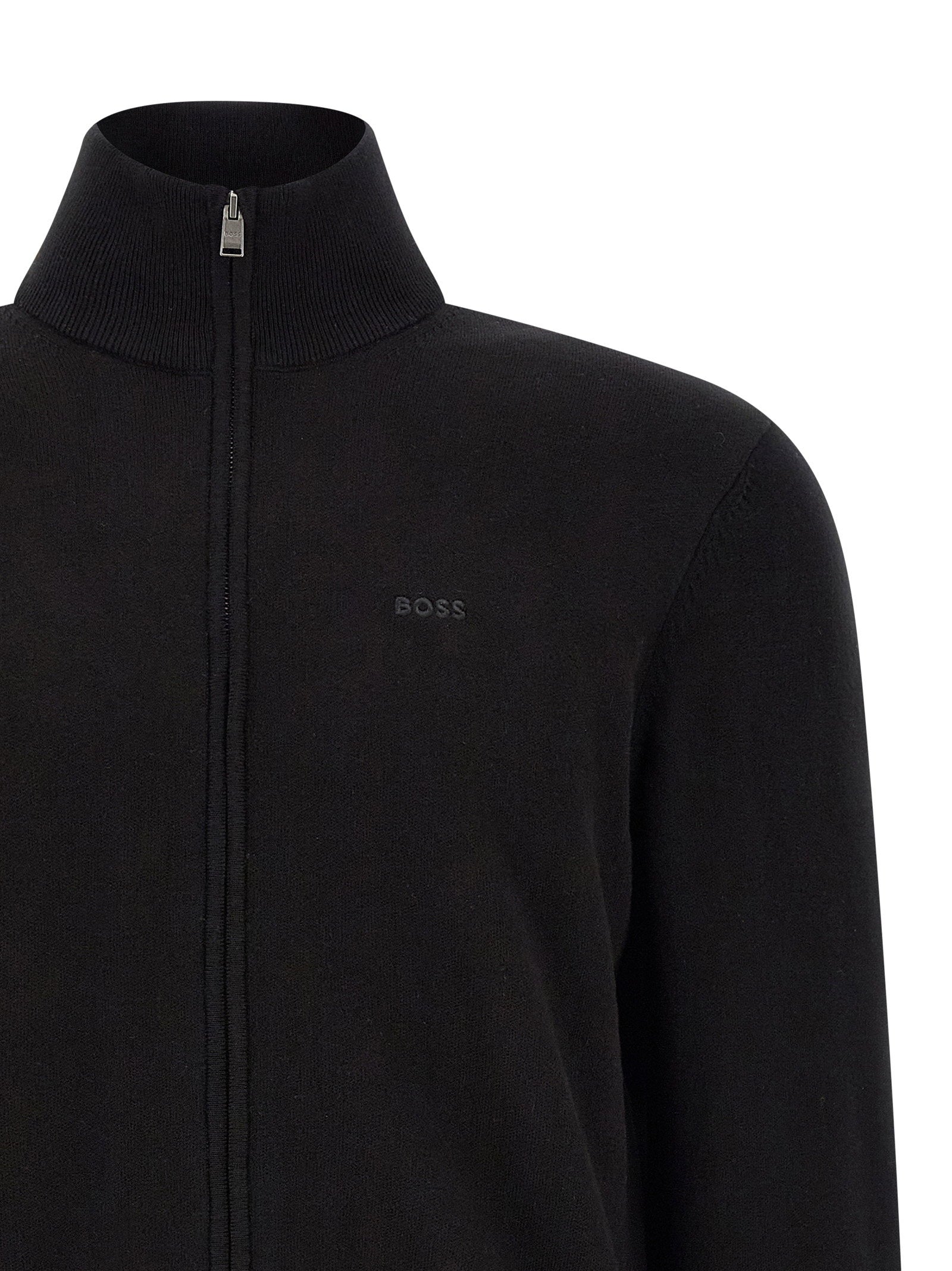 Hugo Boss Upalano cardigan zwart, zijaanzicht met steekzak en geribde manchet