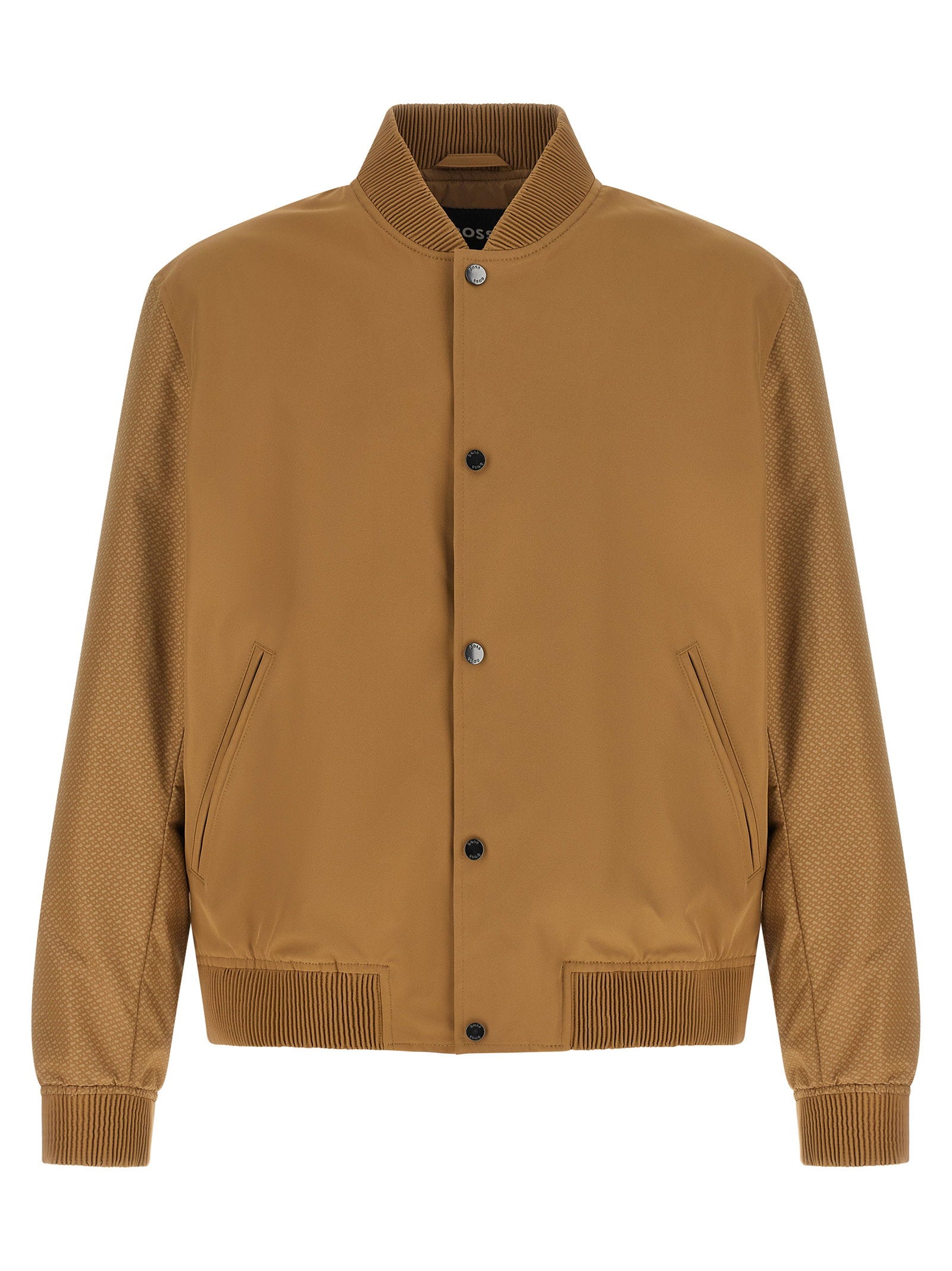 Hugo Boss bomberjack in camel met monogram mouwen, vooraanzicht