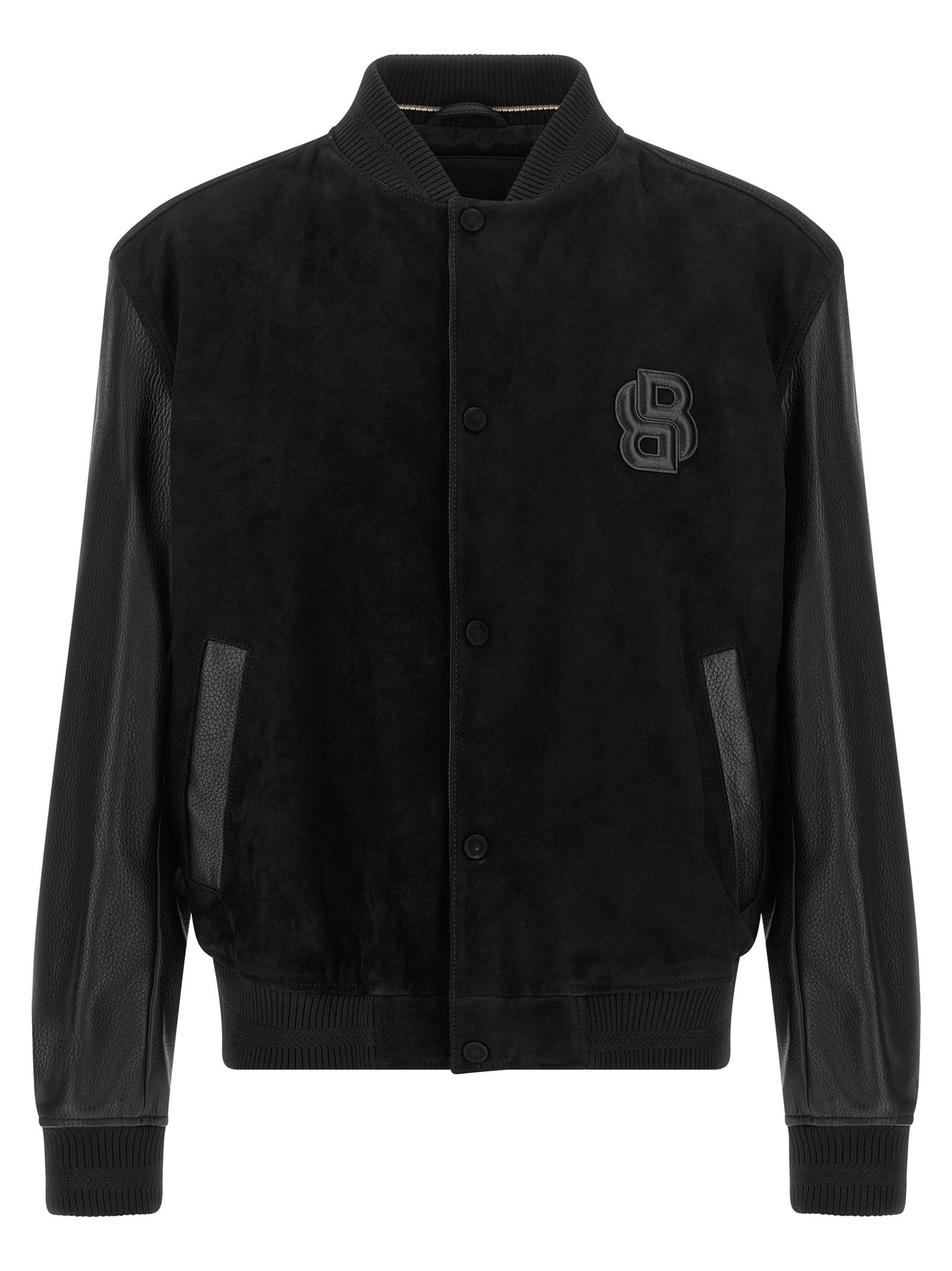 Hugo Boss Varsity Bomberjack met Leren Mouwen Zwart Jackets Hugo Boss