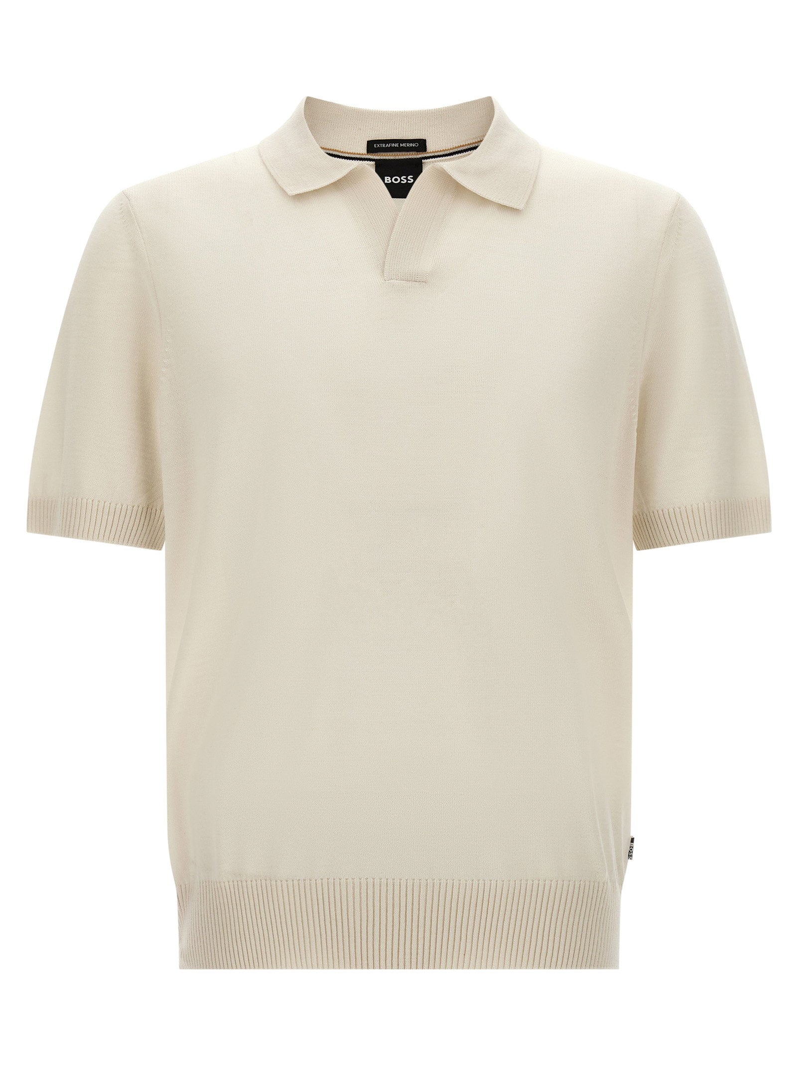 Hugo Boss Lantoni merino wollen polo crème, vooraanzicht met Johnny-kraag