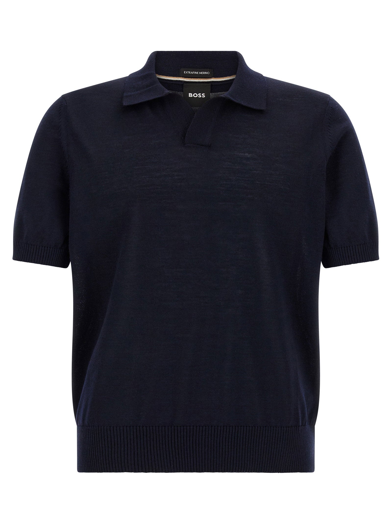 Hugo Boss H-Lantoni merinowollen polo in blauw, vooraanzicht met Johnny-kraag