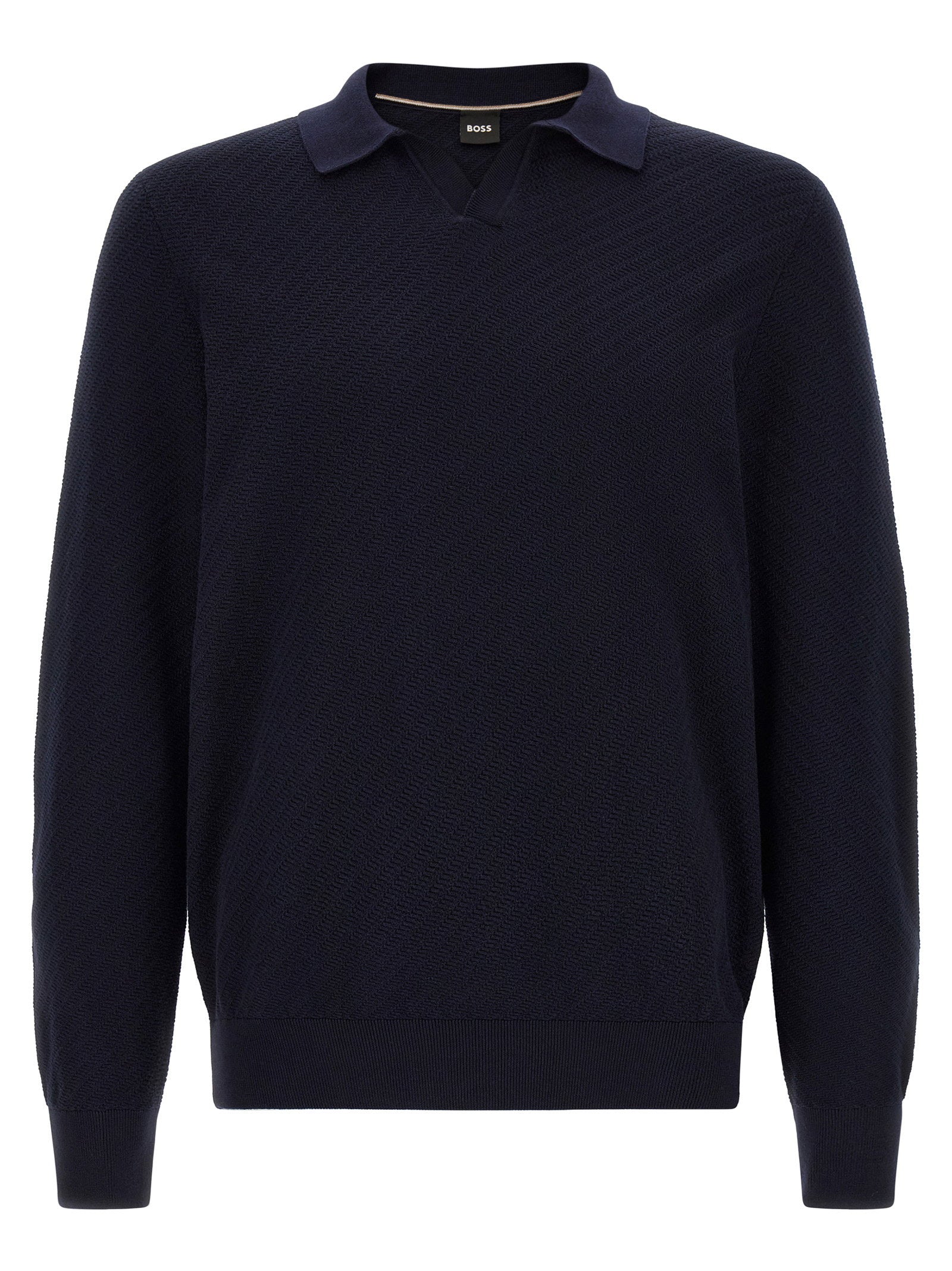 Hugo Boss H-lomarino polo in marineblauw, vooraanzicht met johnny-kraag