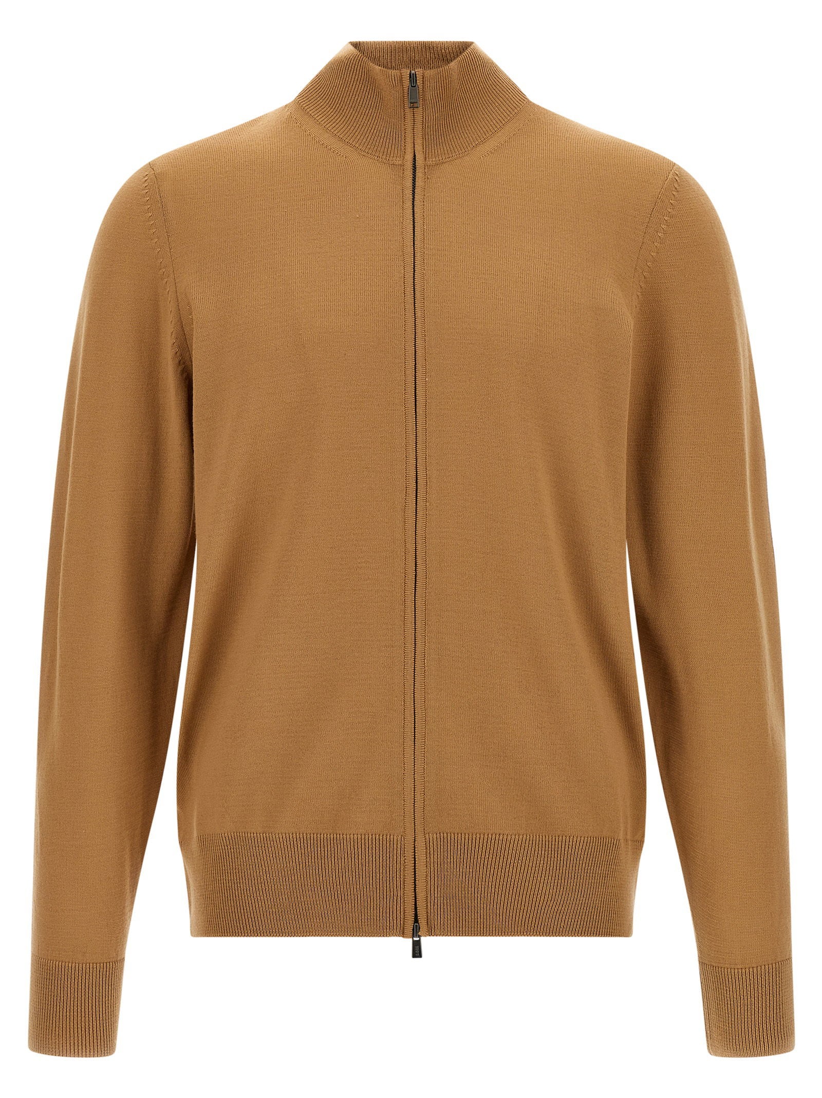 Hugo Boss geschoren breivest in camel, vooraanzicht met rits