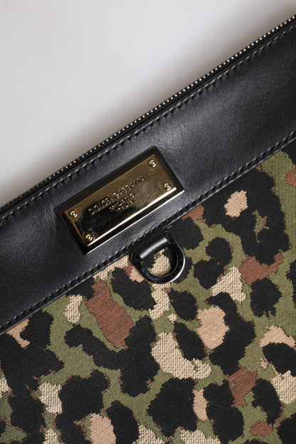 Dolce & Gabbana Multicolor Leopard Jacquard Print Logo Plaque Pouch Bag