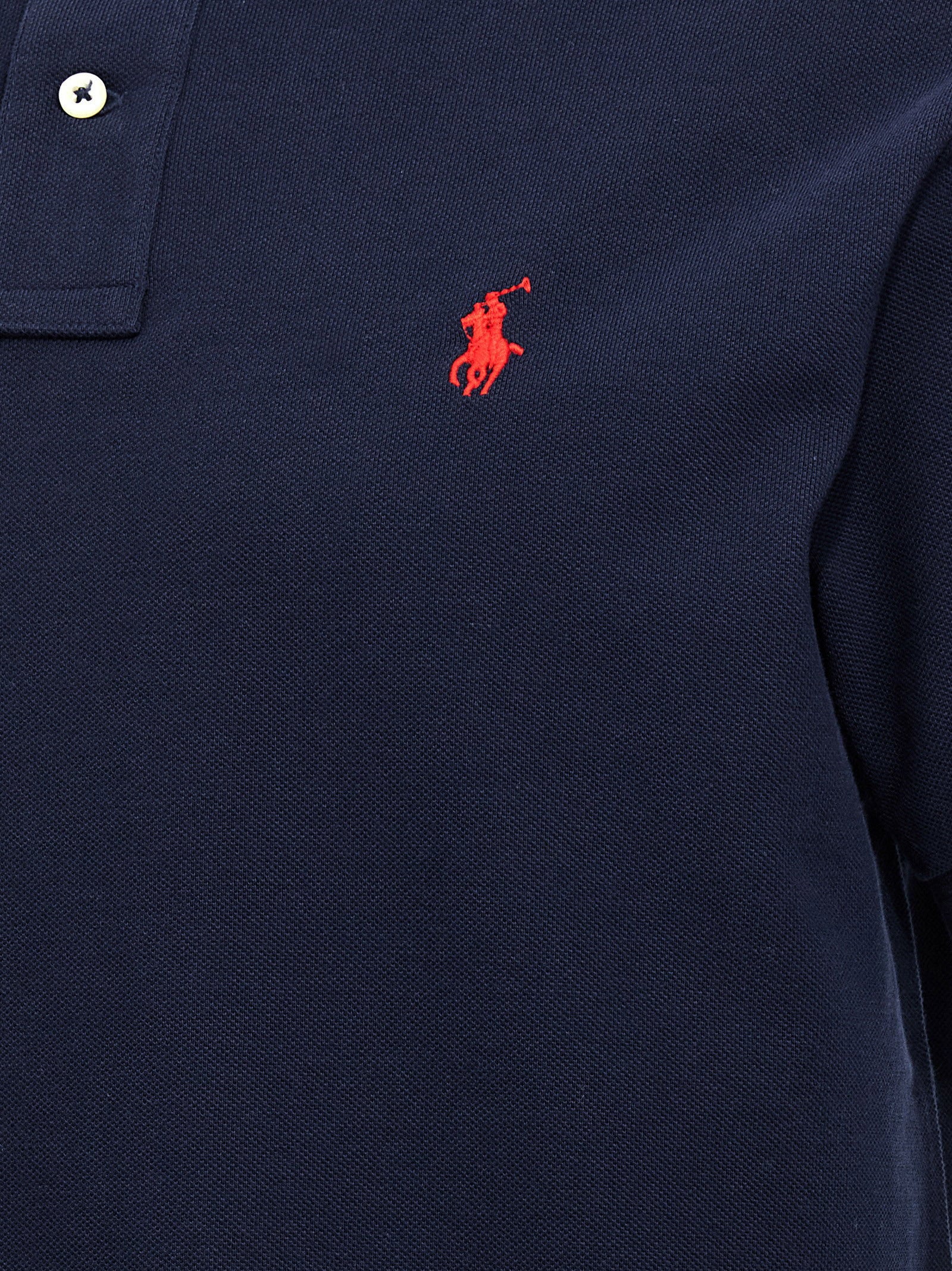 Polo Ralph Lauren Custom Slim Fit polo navy, close-up van het piqué weefsel