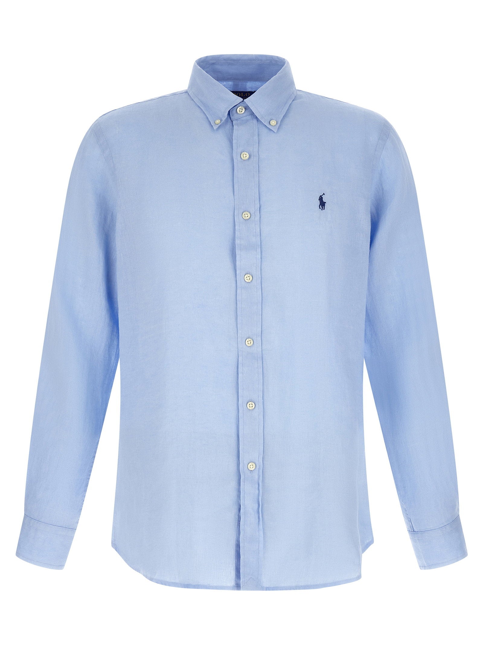 Polo Ralph Lauren Custom Fit linnen overhemd lichtblauw vooraanzicht