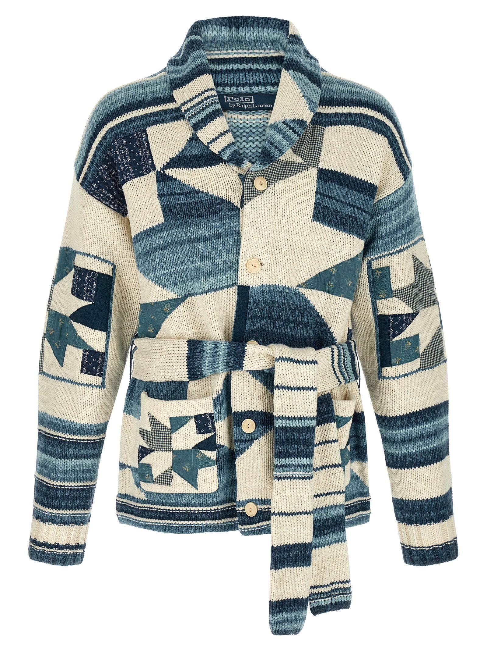 Polo Ralph Lauren Patchwork Quilt Cardigan met Ceintuur Blauw
