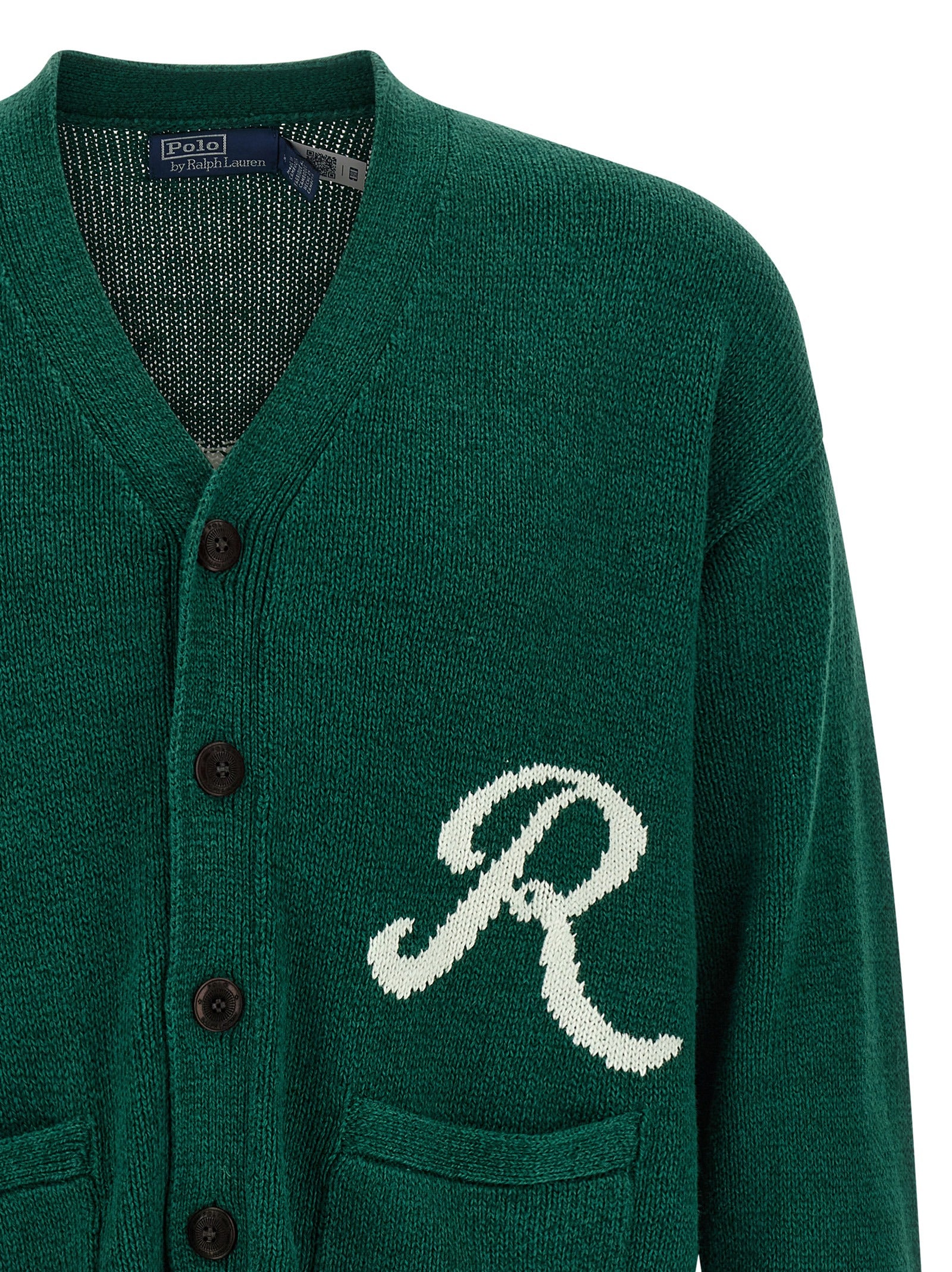 Polo Ralph Lauren Logo Intarsia Linen and Cotton Blend Cardigan Forest Green Knitwear Polo Ralph Lauren