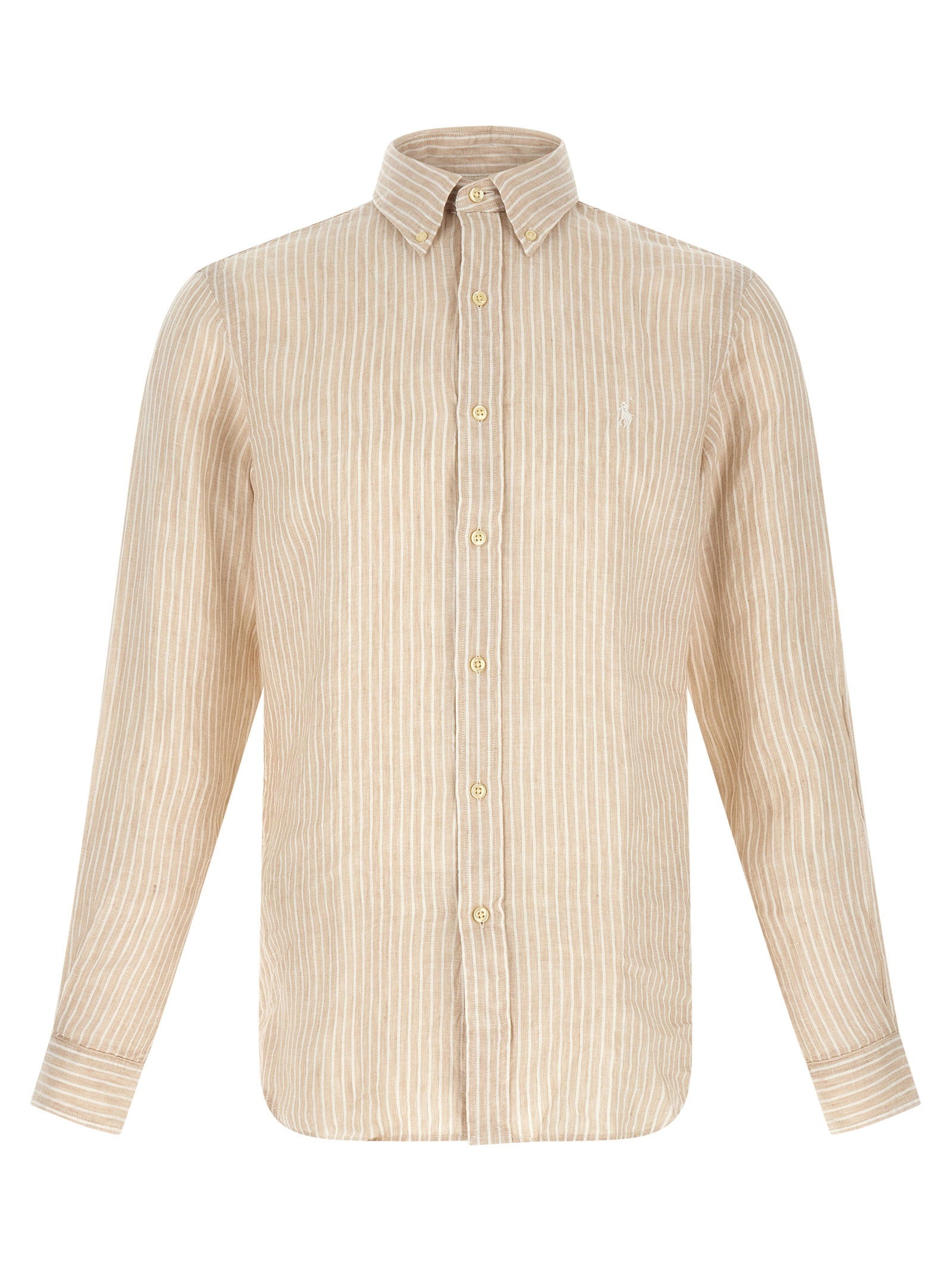 Polo Ralph Lauren Custom Fit Gestreept Linnen Overhemd Beige