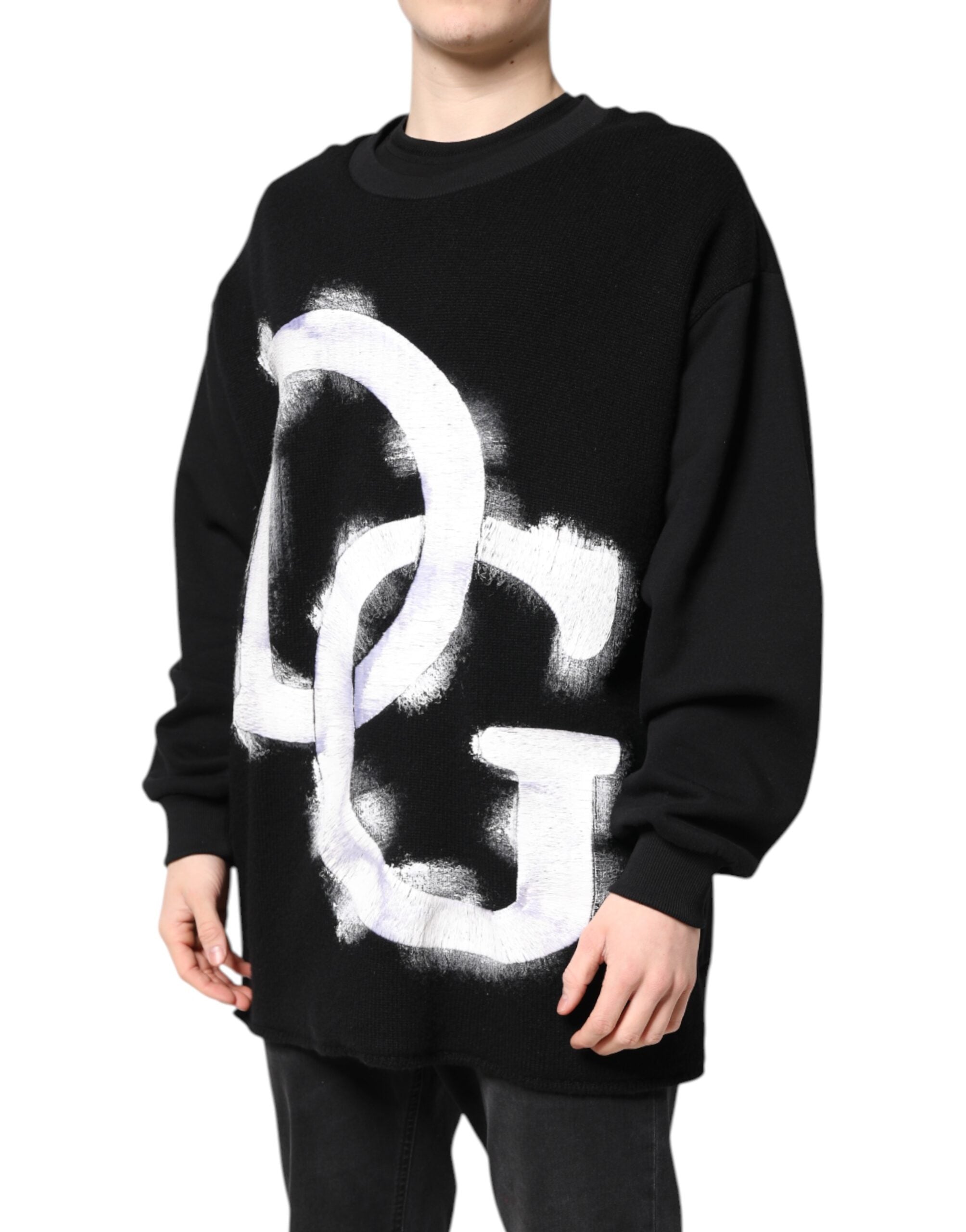 Dolce & Gabbana Black Cotton Logo Print Men Pullover Sweater