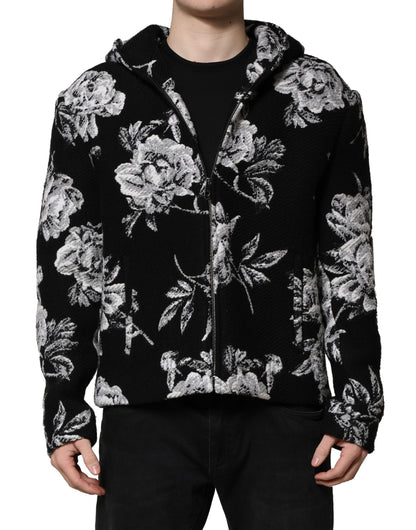Dolce & Gabbana Black Wool Floral Printed Men Hooded Jacket