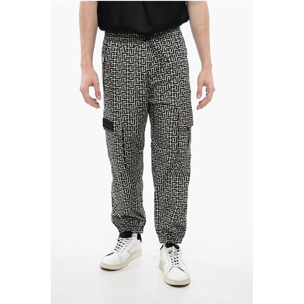 Balmain Monogram Nylon Cargo Sweatpants with Cuffs