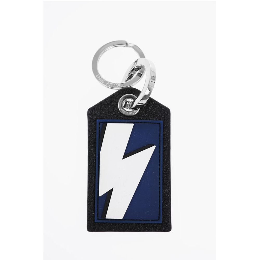 Neil Barrett Keyring with Textured Leather Pendant and Thunderbolt Detail