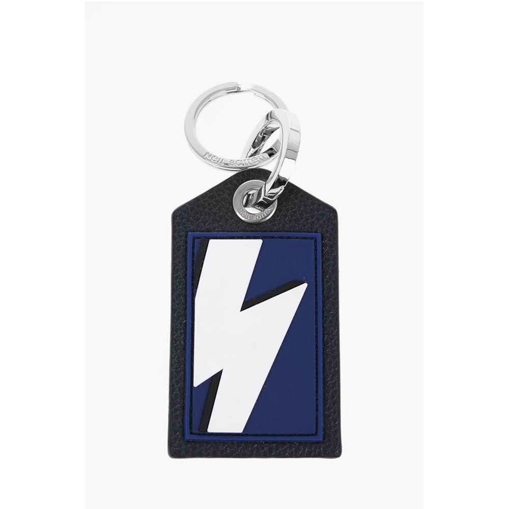 Neil Barrett Keyring with Textured Leather Pendant and Thunderbolt Detail