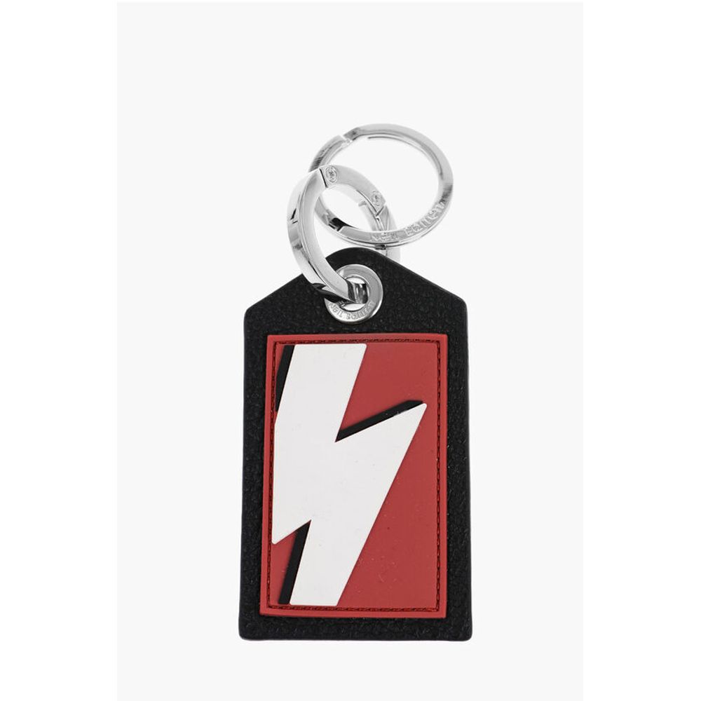 Neil Barrett Keyring with Textured Leather Pendant and Thunderbolt Detail