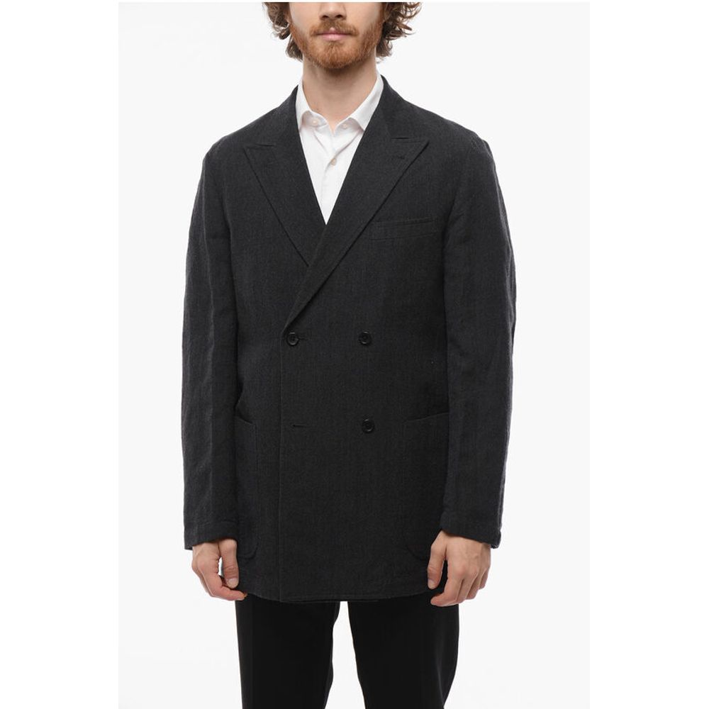 J.Press Wool and Flax Side Vents Peak Lapel Double-Breasted Blazer
