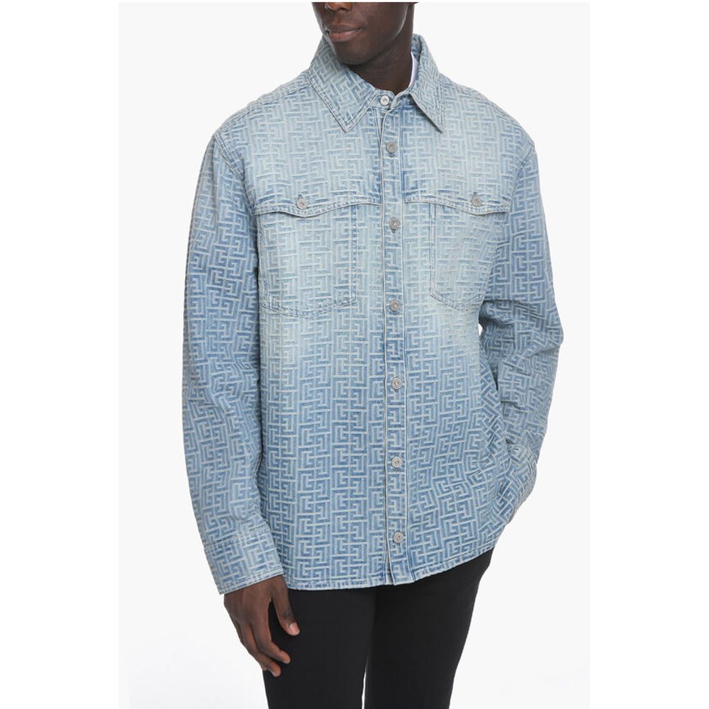 Balmain Denim Biker Jacket with Embossed Logo Pattern